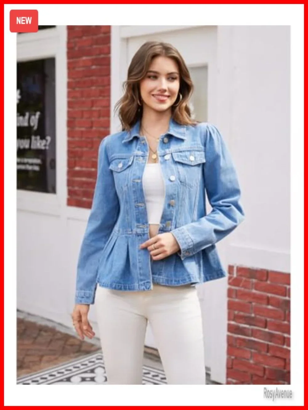 Women's Denim Jacket Peplum Ruffle Hem Puff Sleeve Button Down Casual Trendy